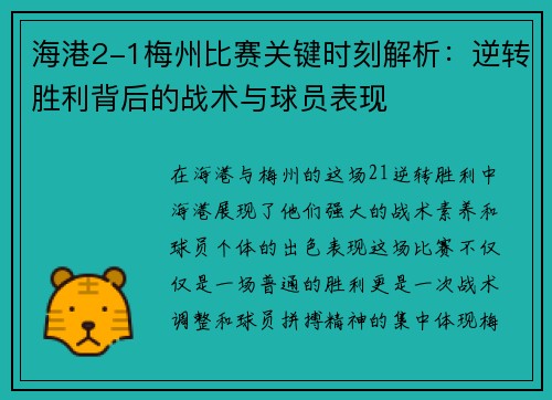 海港2-1梅州比赛关键时刻解析：逆转胜利背后的战术与球员表现